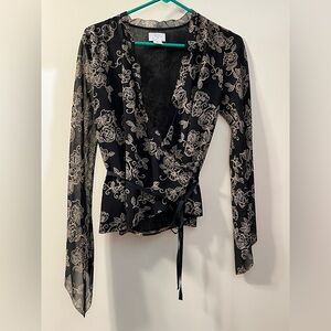 Small LOFT Black and Cream Wrap Blouse with Long Sleeves